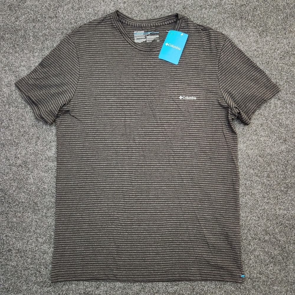 Columbia Mens Large Gray Black Striped Short Sleeve Shirt Cotton Blend Logo NEW